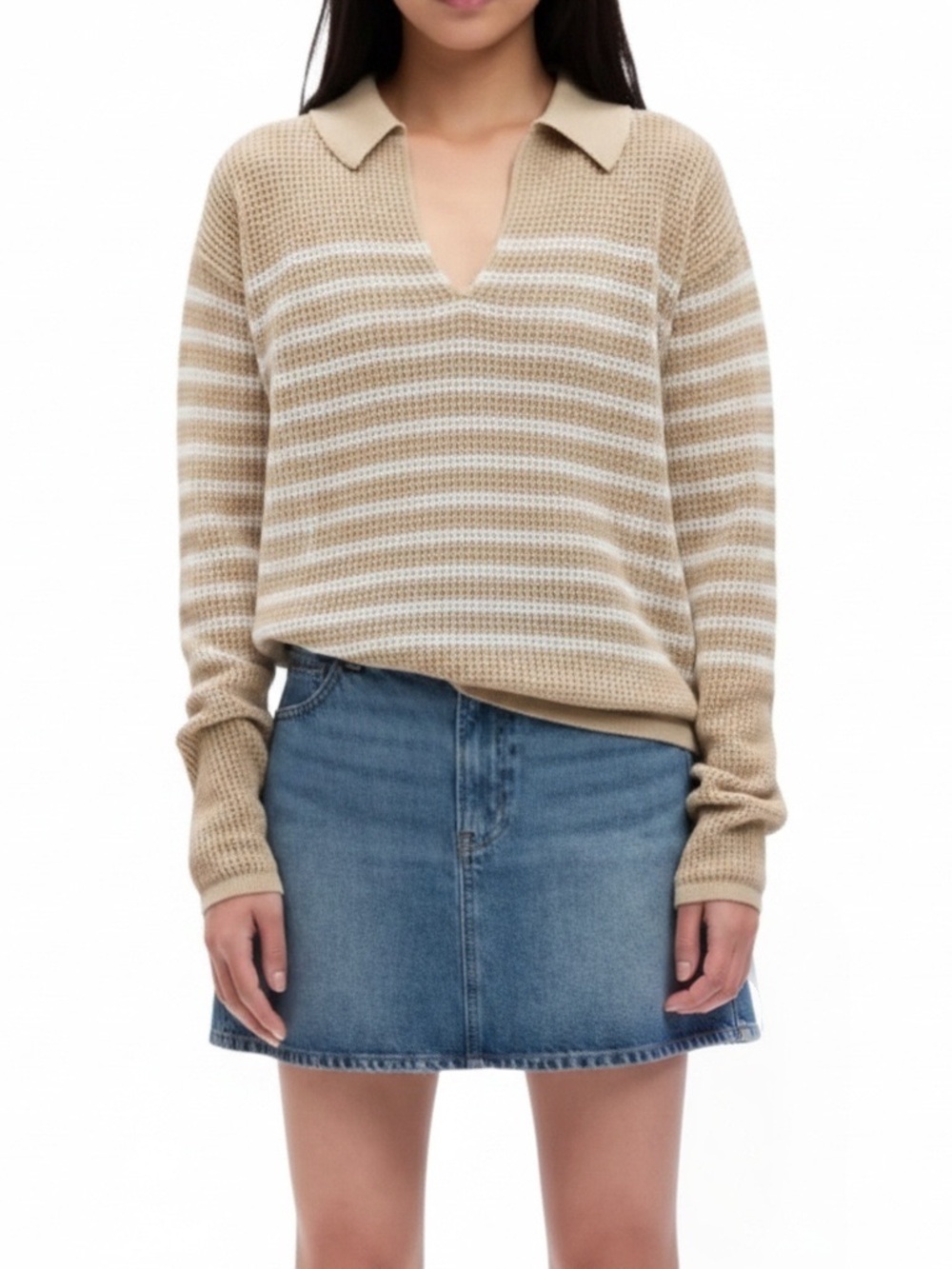 Beige Striped Polo Collar Sweater - Women relaxed fit size medium